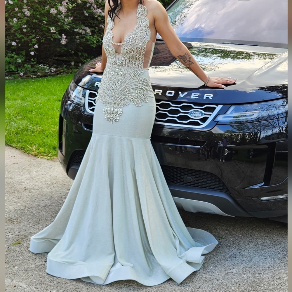 Elegant Beaded Gown in Silver!
